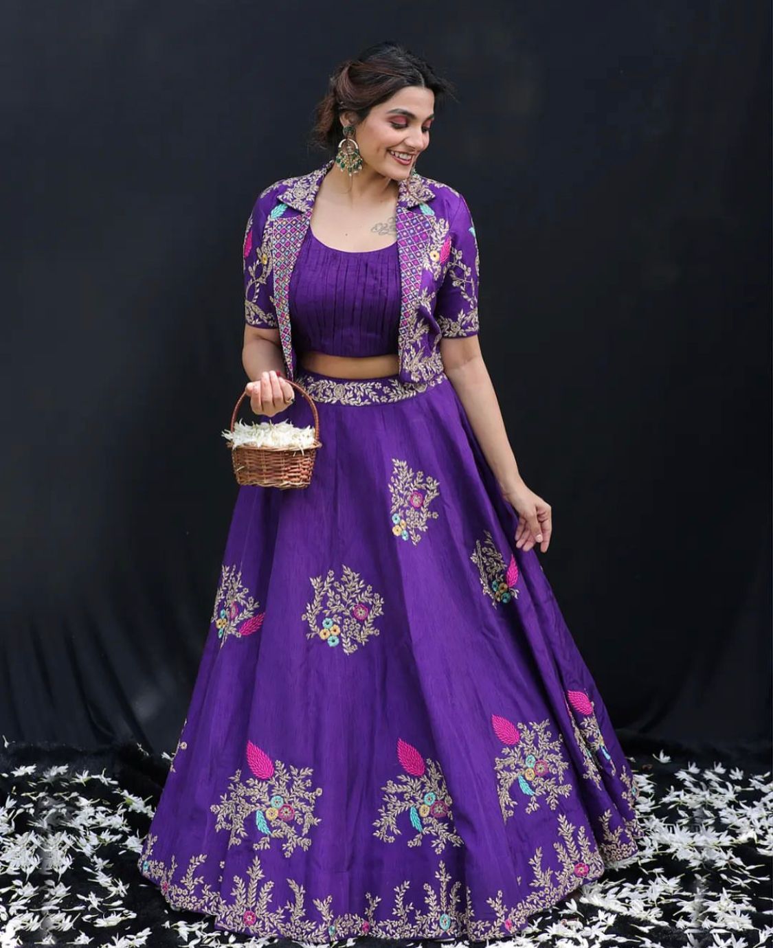 Beautiful Silk hand Embroidered Dress in jacket style. Modern silhouette  with traditional emb… | Bridal lehenga collection, Blue chiffon dresses,  Party wear dresses