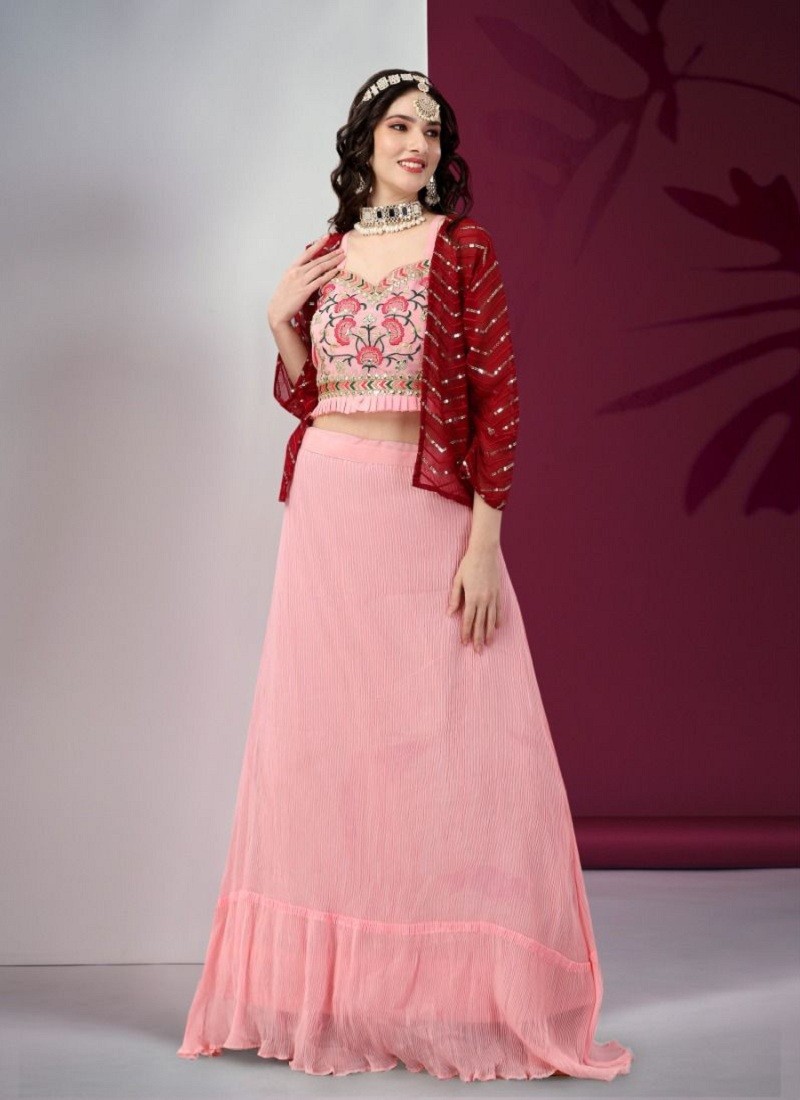 Buy Gorgeous Wine Thread Work Georgette Indo-Western Crop Top Lehenga -  Zeel Clothing