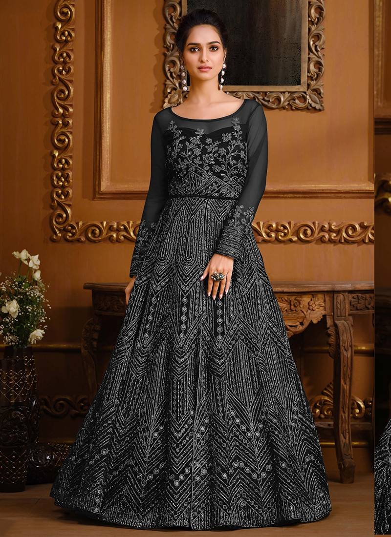 Polka Dot Printed Work Black Color Gown – Amrutamfab