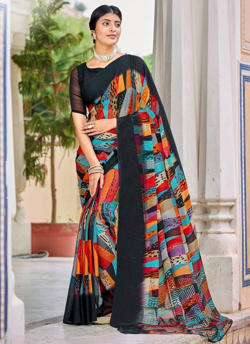 Black Colour Modern Pure Chiffon Floral Print Sarees| Latest Saree New