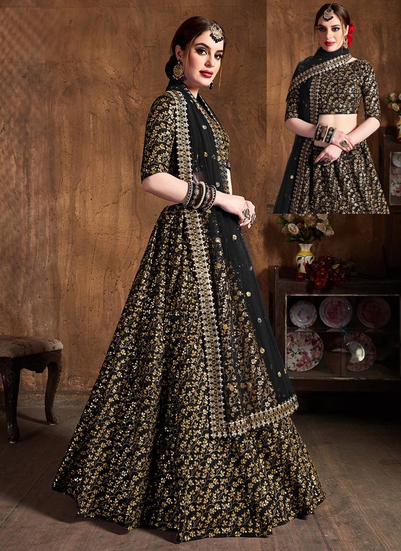 Classy Black Designer Wedding and Partywear lehenga choli with golden  Embroidery -