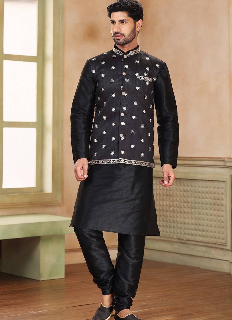 Buy Traditional Wear Black Mirror Work Pure Silk Modi Jacket Kurta Pajama  Online From Surat Wholesale Shop.