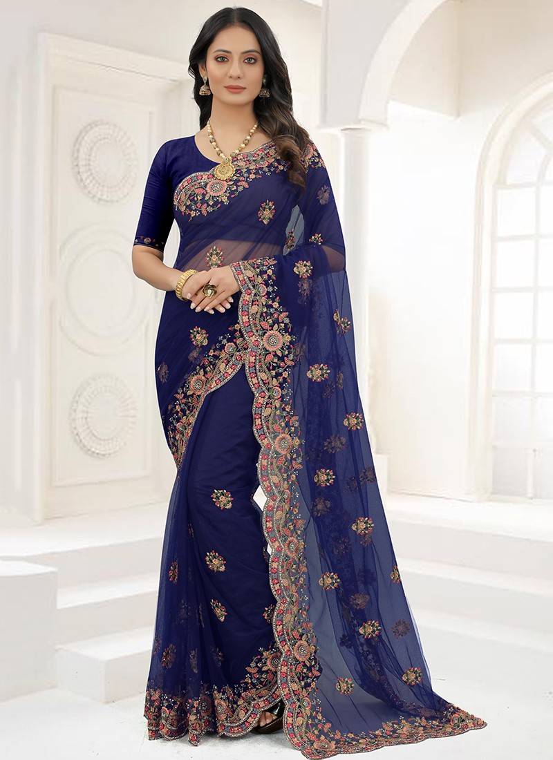 Sky Blue Colour Ethnic Satin Silk Fabric Heavy Designer Embroidery Work Partywear  Saree - KSM PRINTS - 4159782