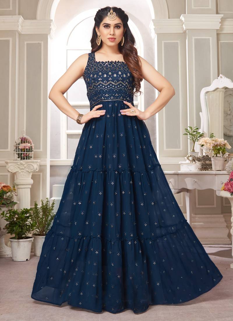 Blue Georgette Designer Gown with Heavy Embroidery Work - Cl