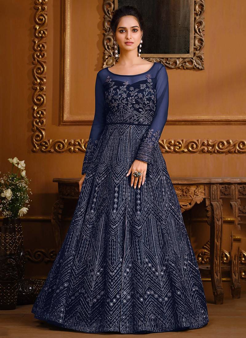 Embroidered Georgette Blue Gown Dress with Dupatta - GW0344