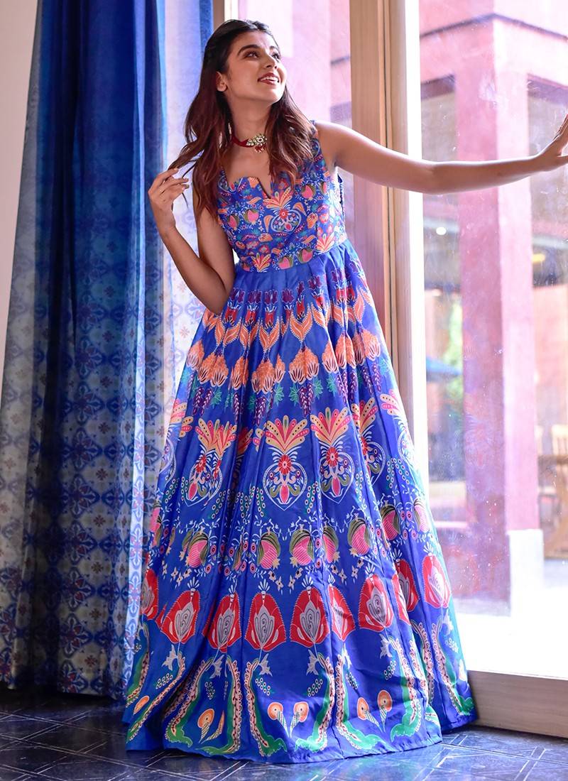 Soft Premium Net Wedding wear Gown in Blue Color with Embroidery - Sale