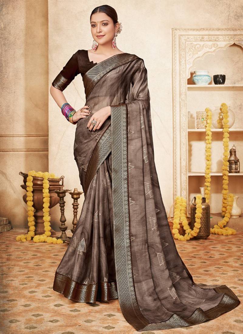 Chiffon Casual Wear Leheriya Printed Saree In Brown – Rajyogam