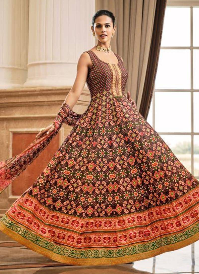Brown Golden Embroidered Anarkali Gown