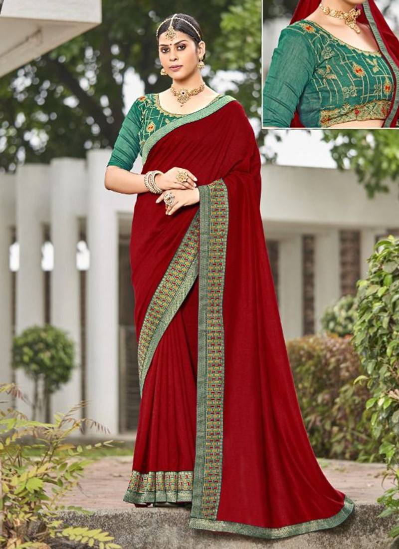 Cherry Red Bandhani Saree with Embroidery Border | Leemboodi