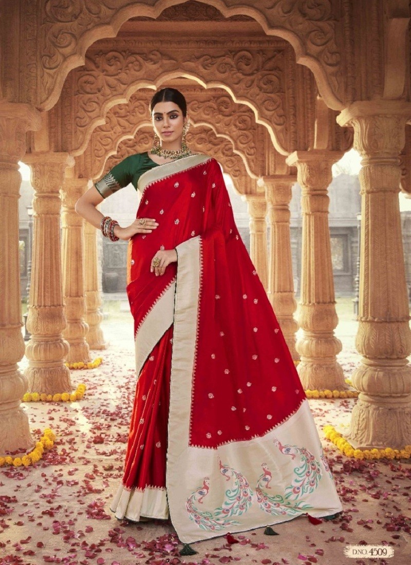 Vishal Prints Cherry Red Printed Chiffon Saree With Fancy Border