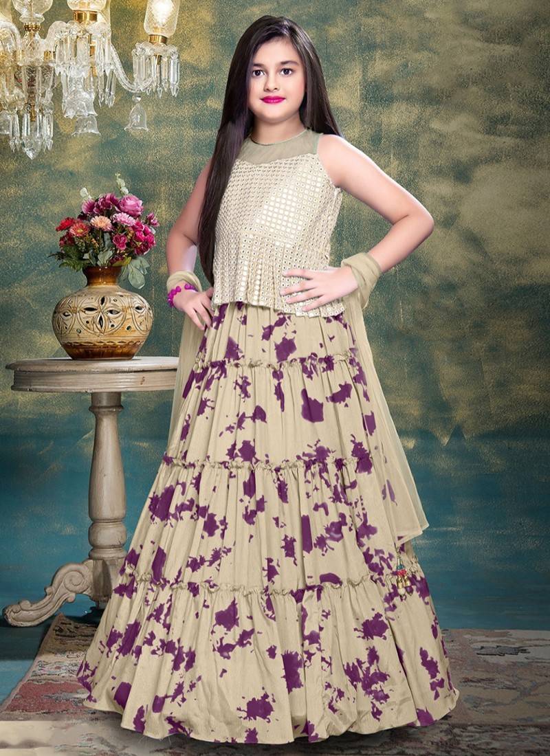 Fancy Fabric Cream Color Party Wear Stylish Digital Printed Readymade Long  Gown