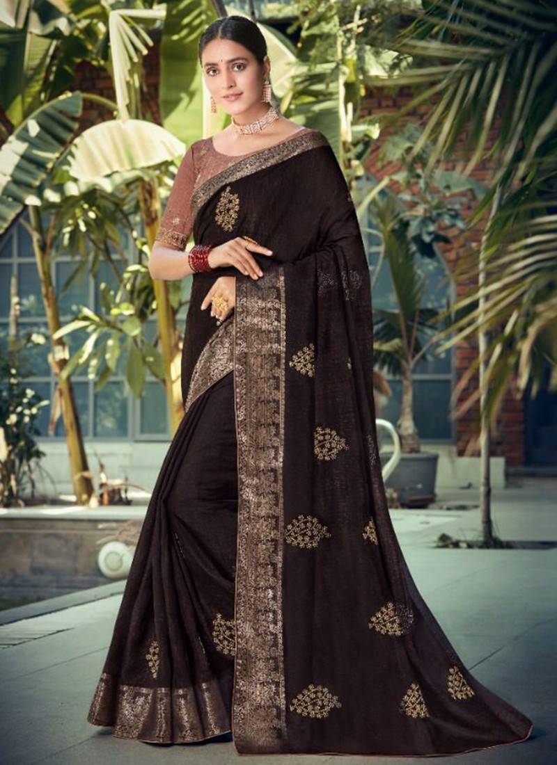 Chocolate Brown Imported Fabric Saree with Crystal, Mirror & Sequins F –  Ethnos