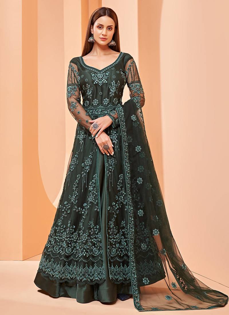 Ethnic Gowns | Dark Green And Light Colour Gown With Shru | Freeup