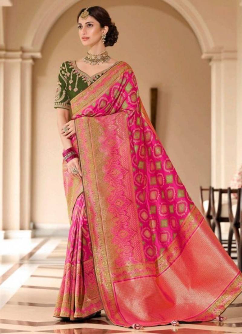 Dark Pink Printed Saree With Satin Patta – Designer Pithi