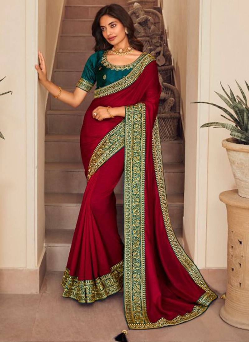 dark red color luxurious saree for online order for women - Dark Red Color  Party Saree - Exclusive Saree For Her - Gifts and Dress for Her