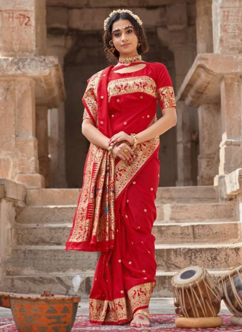 Buy Wedding Wear Dark Red Embroidery Work Satin Silk Saree Online From  Surat Wholesale Shop.