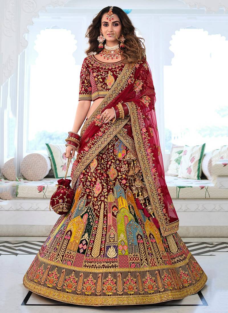 Embroidered Tendy Bridal Satin Dark Red Traditional Designer Indian Lehanga  at 8000.00 INR in Farrukhabad | Al Nur Zari Art