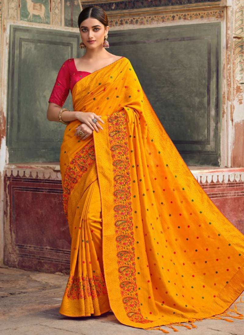 Vishal Prints Dark Yellow Georgette Saree With Embroidery Work And Bor