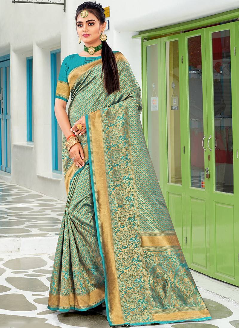 Buy Phenomenal Firozi Color Wedding Wear Silk Fancy German Checks Design Saree  Blouse | Lehenga-Saree