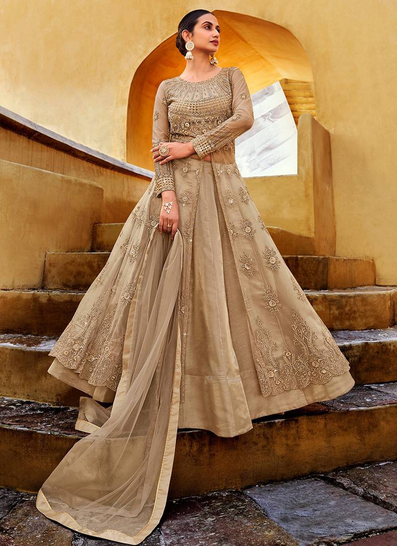 Embroidered Work Fancy Fabric Gold Designer Gown buy online -