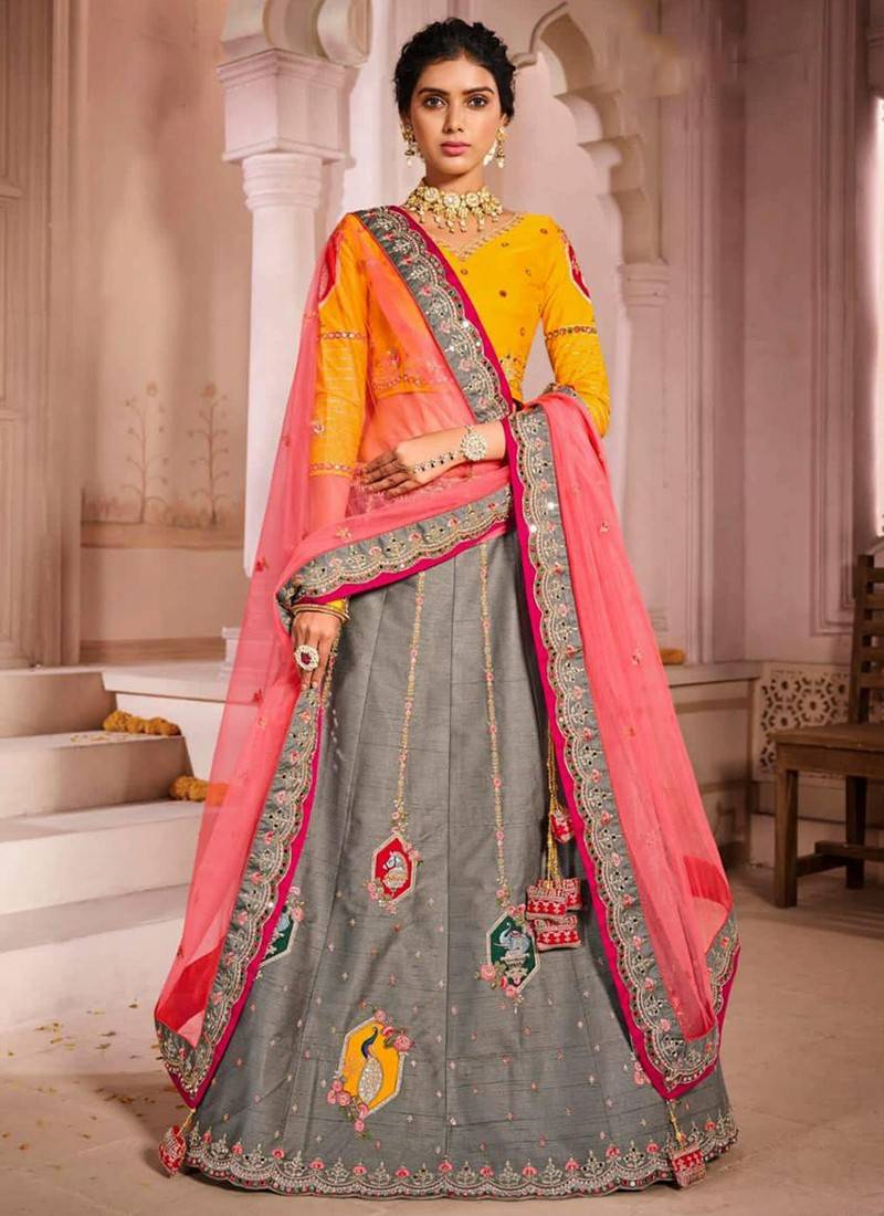 Grey And Pink Party Wedding Wear Long Choli Lehenga - Lehengas Designer  Collection