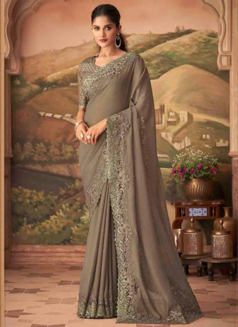 Brown Fancy Georgette Party Wear Designer Saree Online FABSA21579 FABANZA