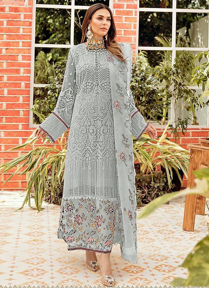 Heavy Faux Georgette With Embroidery And Stone Work Pakistani Suit White  Color DN 9116
