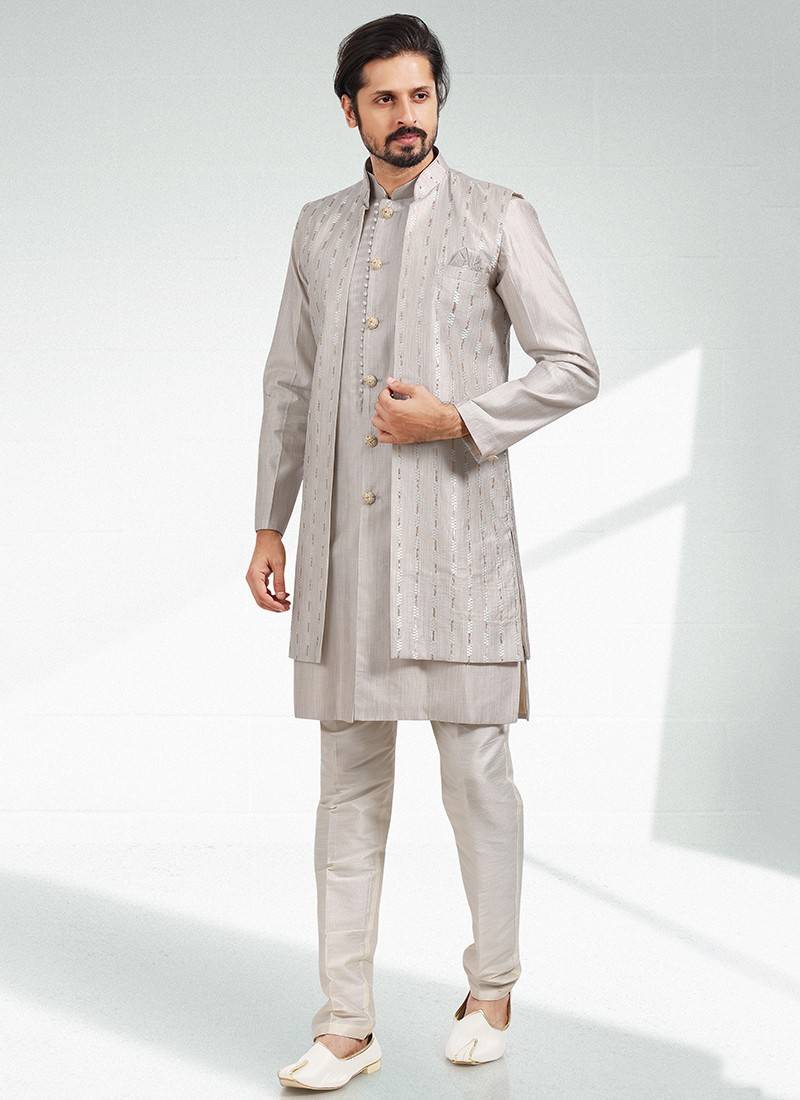 Wedding Wear Black Thread Embroidered Nehru Jacket Set