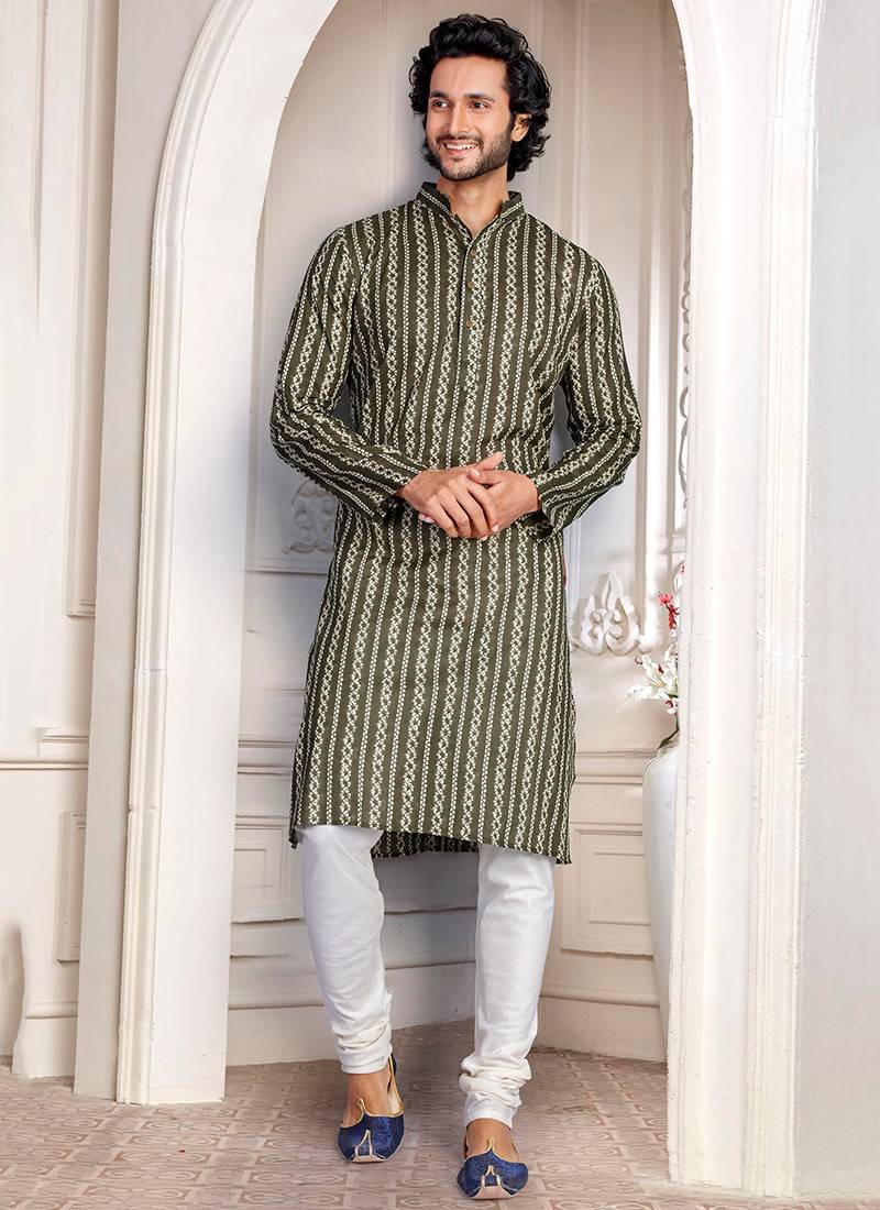 Green Colour Function Wear Pure Cotton With Digital Print Kurta Mens  Collection 13 - The Ethnic World