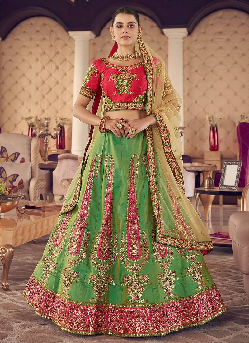 Shop Green Designer Pure Silk Bridal Lehenga Online USA for Bride – Sunasa