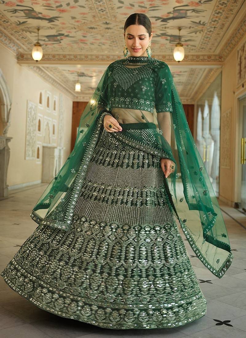 Buy Green Cotton Satin Embroidered Floral Leaf Print Bridal Lehenga Set For  Women by Shyam Narayan Prasad Online at Aza Fashions.