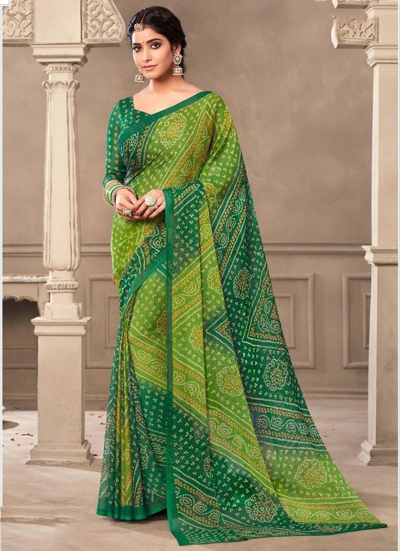 Buy R P Sarees Shahi Chiffon Red & Green Border Saree with Lahariya and  Bandhani Design | Party & Festive Chiffon Saree For Women & Girls | Regular  Sari | Saree Length