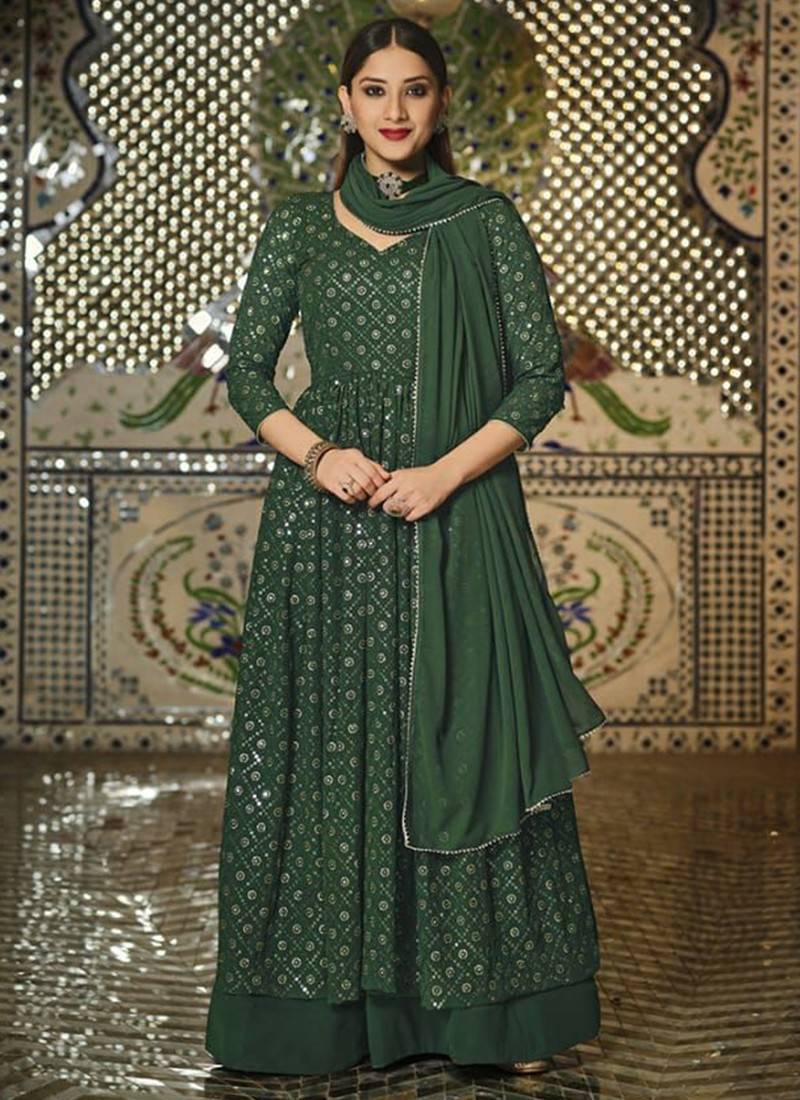 Women Green Lehariya Bardot Crop Top With Anarkali Skirt