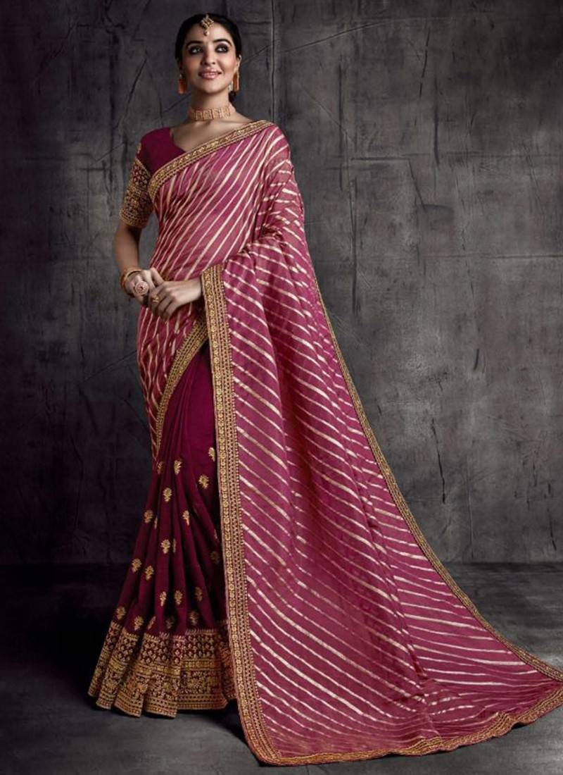 Taupe & Maroon Designer Embroidered Silk Wedding Saree | Saira's Boutique