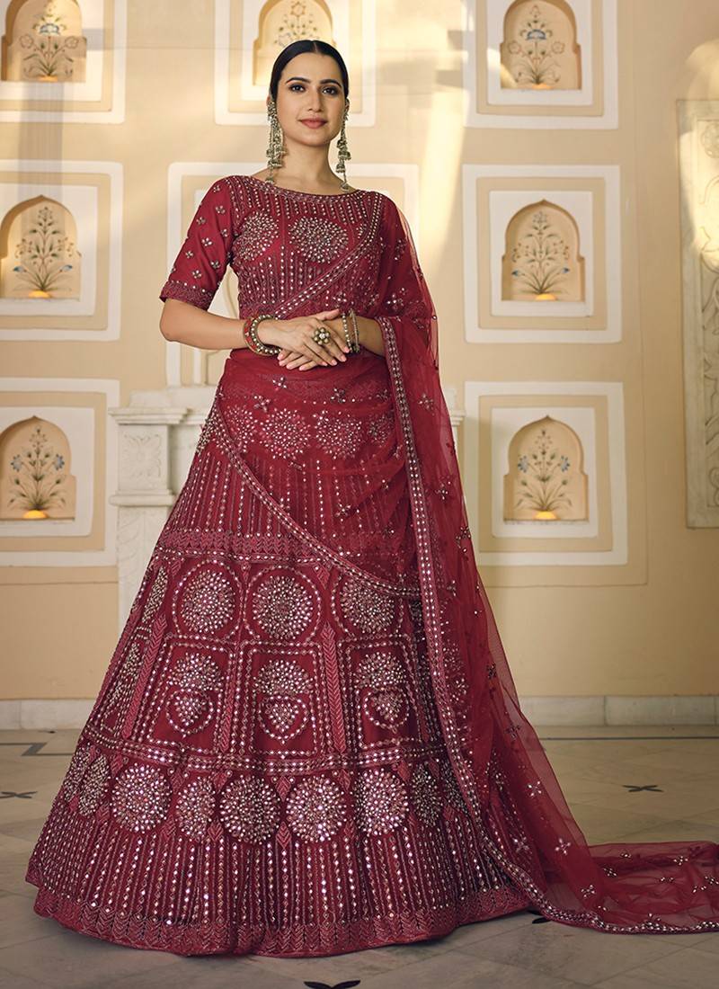 Velvet embroidered bridal lehenga choli in Maroon colour 16004