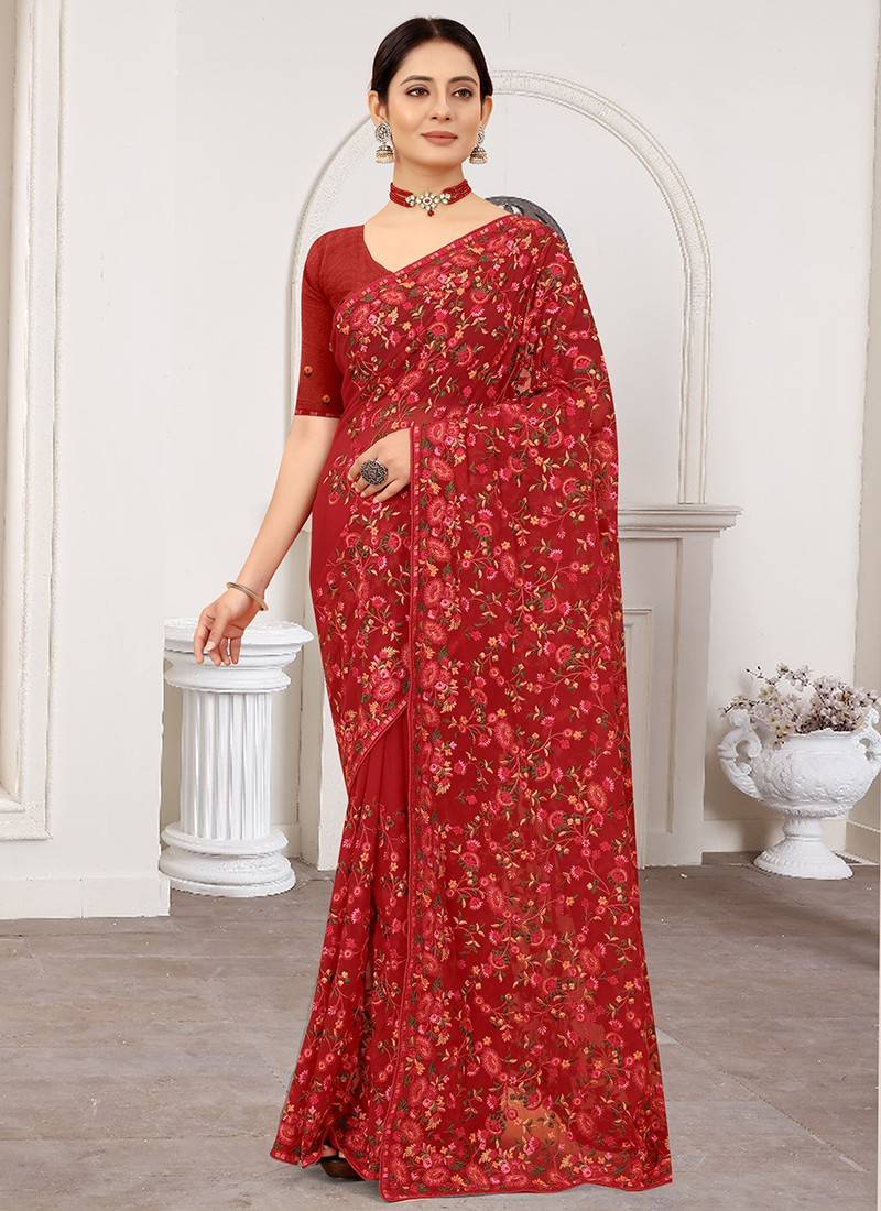 Red Colour Digital Prited Georgette Fabric Saree - Teeya Creation - 4215855