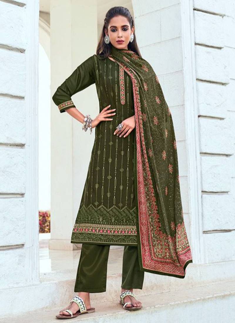 Buy a Mehendi Color Pant Style Suit from The Collection