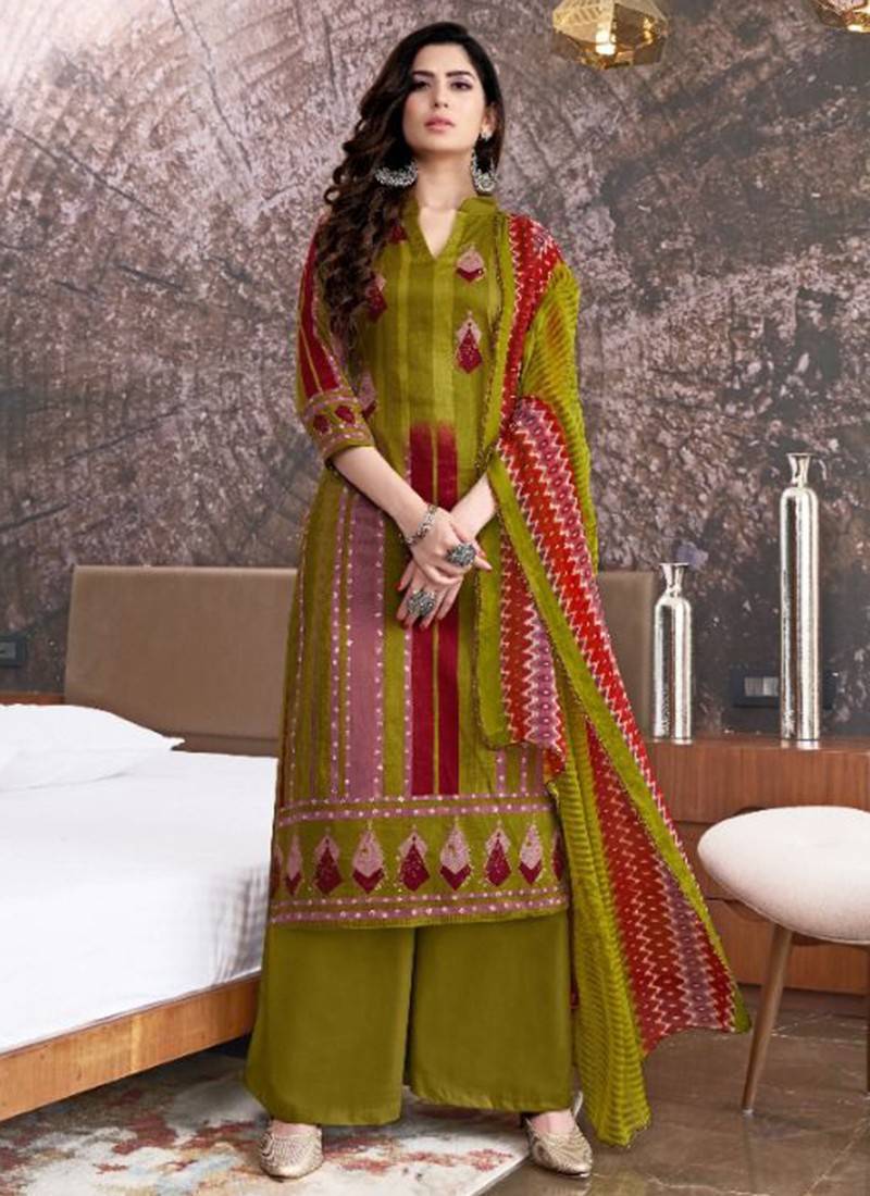 Buy Green Color Velvet Fabric Mehndi Functional Salwar Suit