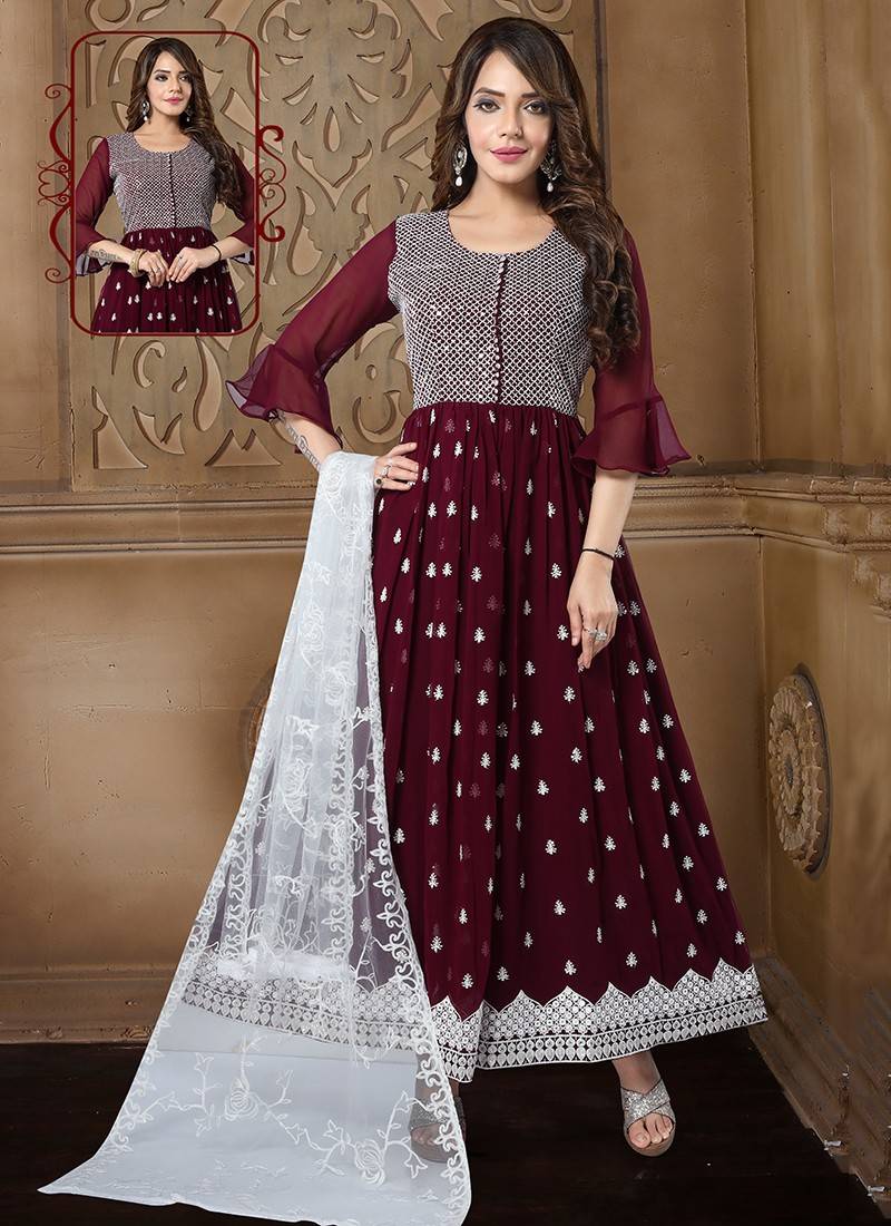 Buy Designer Beautiful Style Semi Stitched Heavy Georgette Anarkali Salwar  Suit Long Gown Dress with Fancy Work & Plain Nazmin Dupatta (Tan) at  Amazon.in