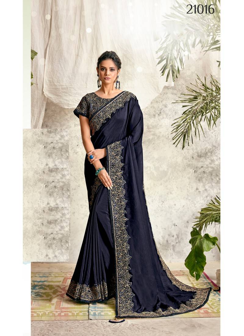 Navy Blue Designer Embroidered Georgette Party Wear Saree