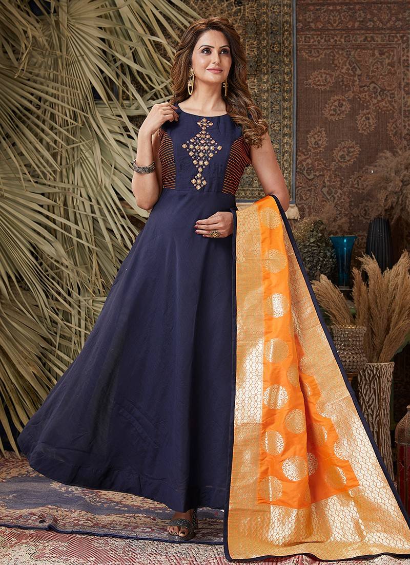 Party Wear Navy Blue Color Designer Fancy Fabric Readymade Floor Length Gown