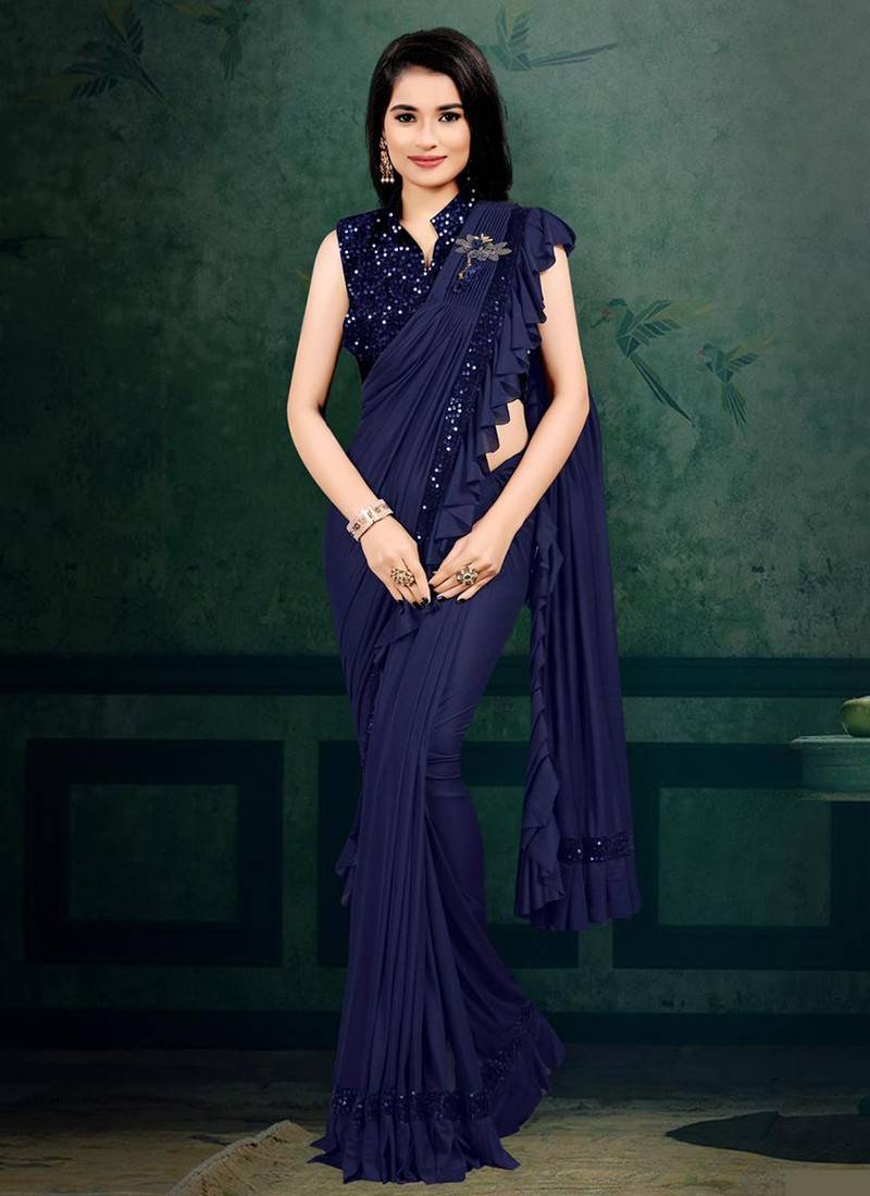 Navy Blue Colour NARI VICTORY Stylish Heavy Velvet Sequence Border