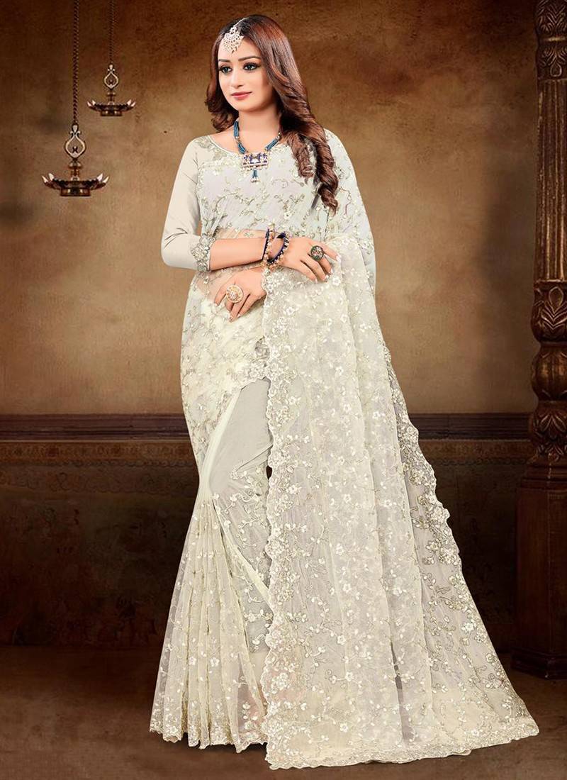 Buy Silver Zari Work Ethnic Saree For Weddings Online