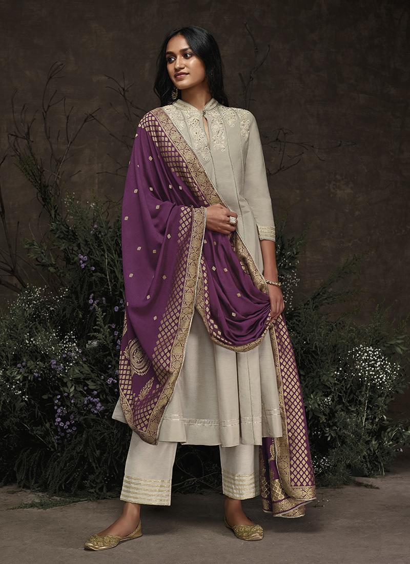 Gown : White banglory satin gown with printed dupatta