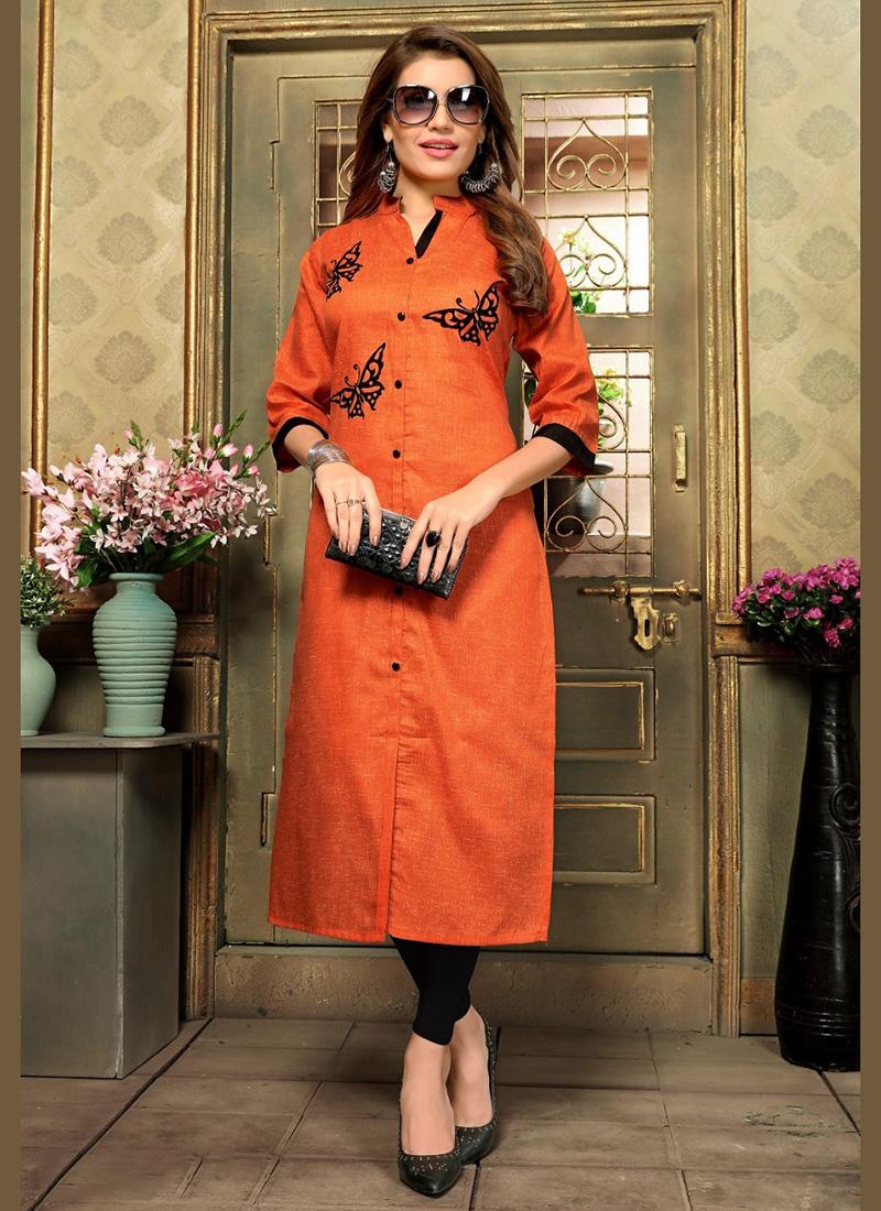 Orange Rayon Kurti with Detailed Floral Embroidery on Neck from Kashmir |  Exotic India Art