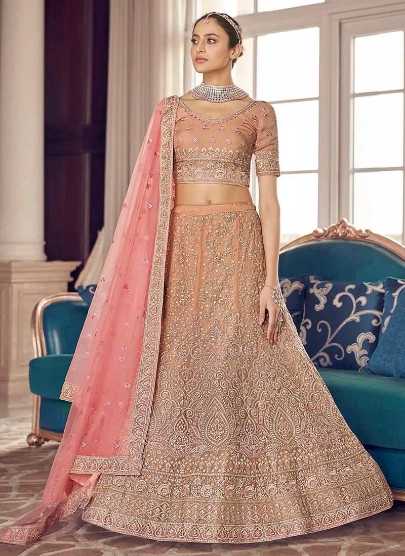 Blue Peach Embroidery Work Net Designer Wedding Fancy Lehenga Choli. Buy  online shopping lehenga choli at - India.