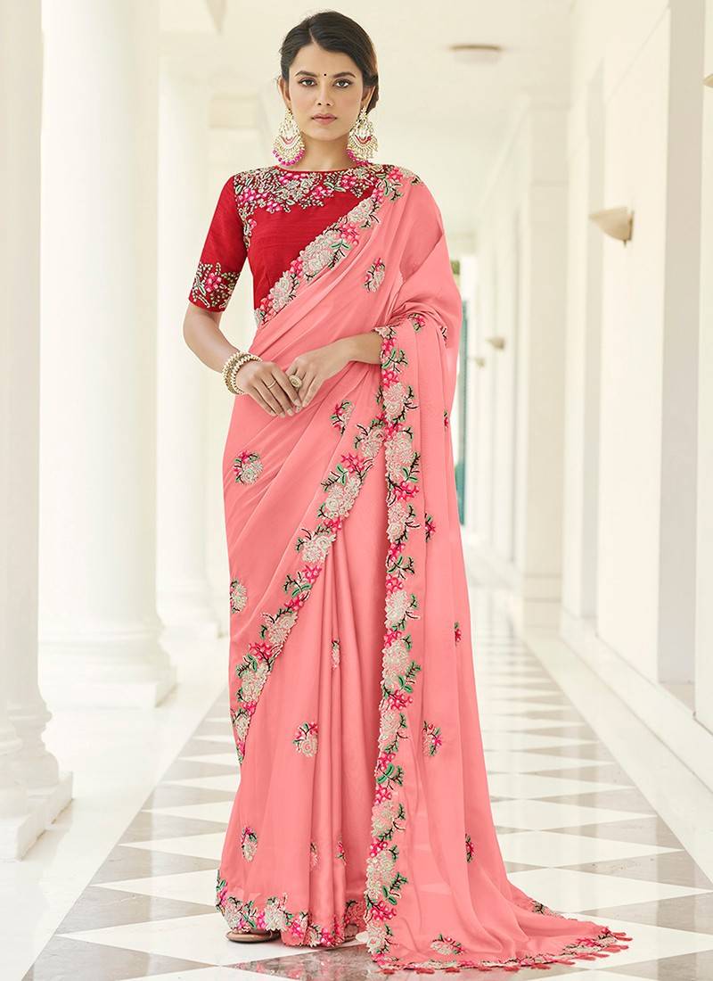 Buy the amazing Peach Pink Organza Designer Saree online-Karagiri