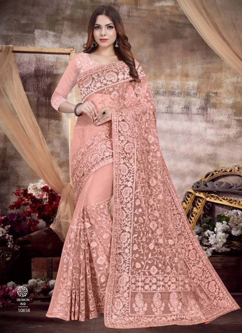 Peach Colour Heavy Embroidery Work Partywear Fancy Organza Girlish Saree -  KSM PRINTS - 4126040