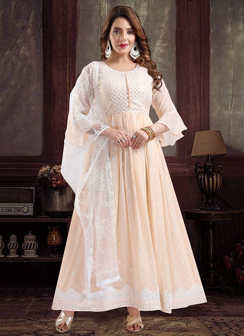 Embroidered Georgette Gown with Attachable Dupatta in Peach : TLX978