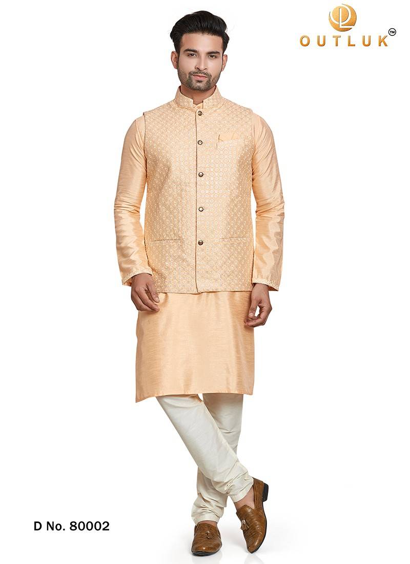 Banglori Silk Sequins Peach Kurta Payjama With Jacket -